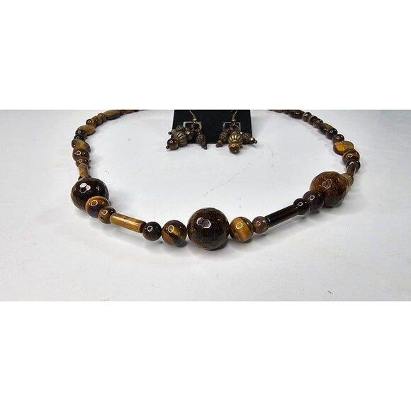 Handmade Brown Tiger's Eye Beaded Necklace and Earrings Set 21"L - Picture 3 of 5